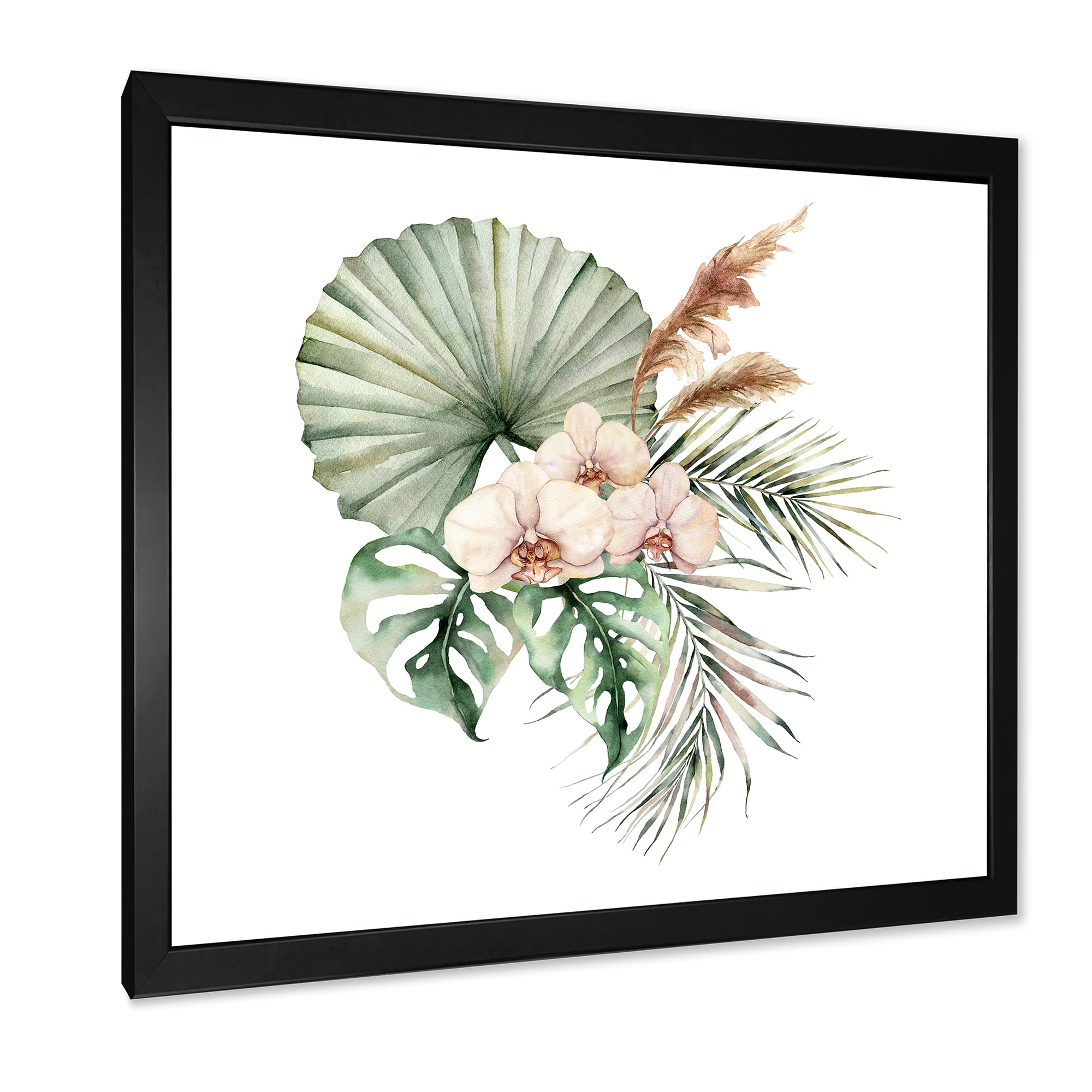 Designart 'Tropical Bouquet With Palm Orchids Leaves' Traditional Framed Art Print