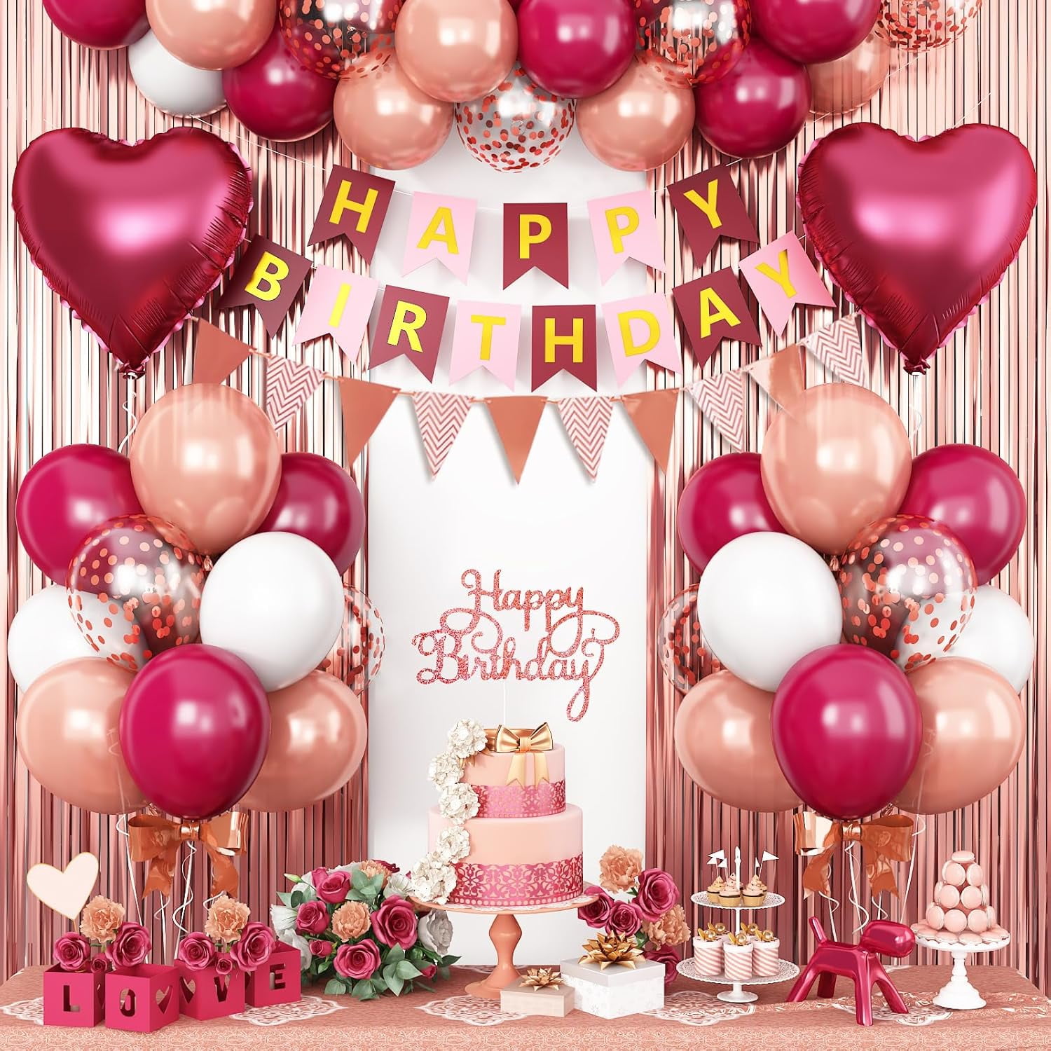 Black Gold Birthday Decorations,Party Decorations with Sand White Champagne Gold Balloon Heart Balloons Happy Birthday Banner Fringe Curtain for Women Men  Baby Shower Birthday Party Decor