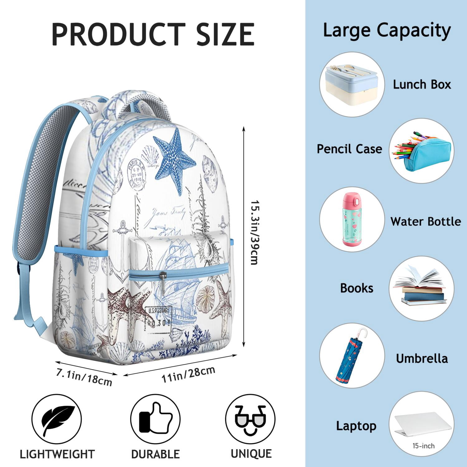 Nautical Waterproof Backpack for Teens - Vintage Summer Design with Starfish & Sand Prints, Durable Lightweight Bookbag with Padded Back Panel & Side Pockets