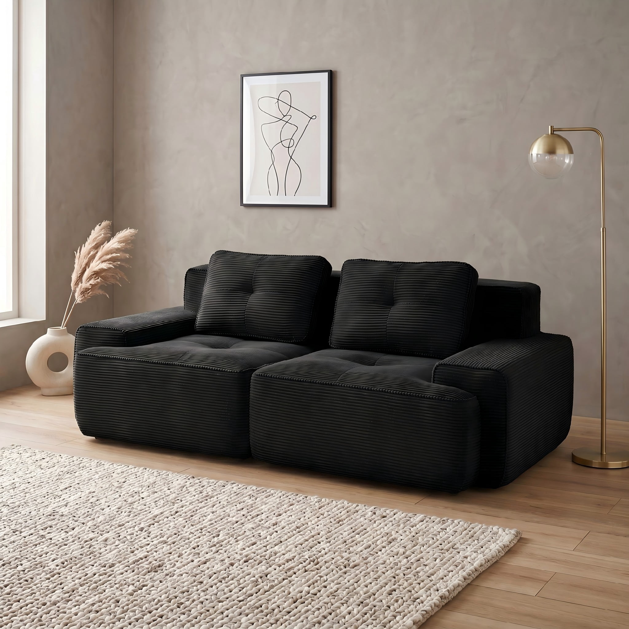 80" Corduroy Modular Sectional Sofa, 2-Seater Tufted Deep Seat Couch, Pet-Friendly Couch, No Assembly, Black