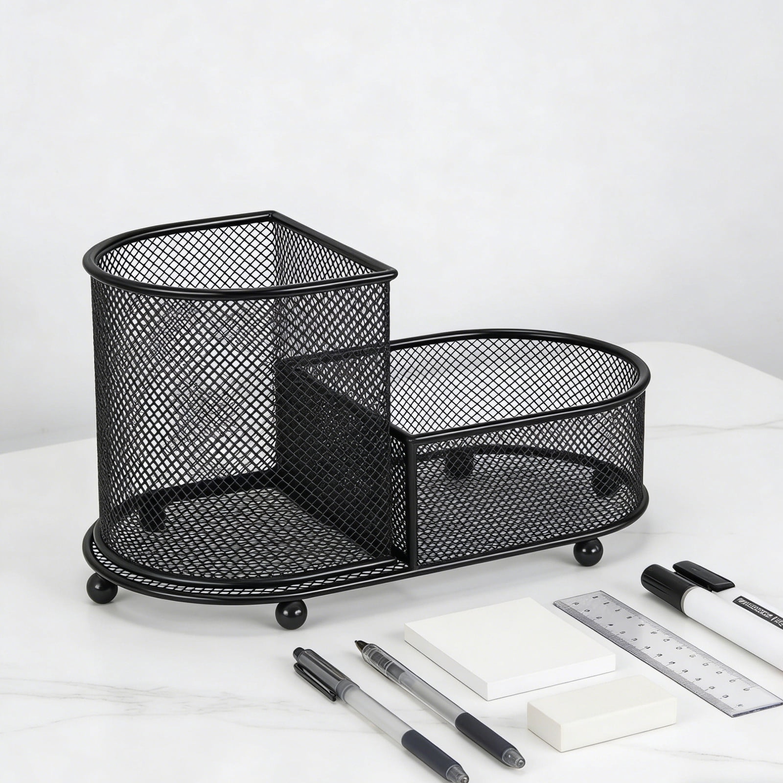 Large Capacity Pen Stationery Organizer Storage Basket - Metal Mesh Desktop Holder, Two Tier Compartment Design, Versatile Office Study Desk Accessory