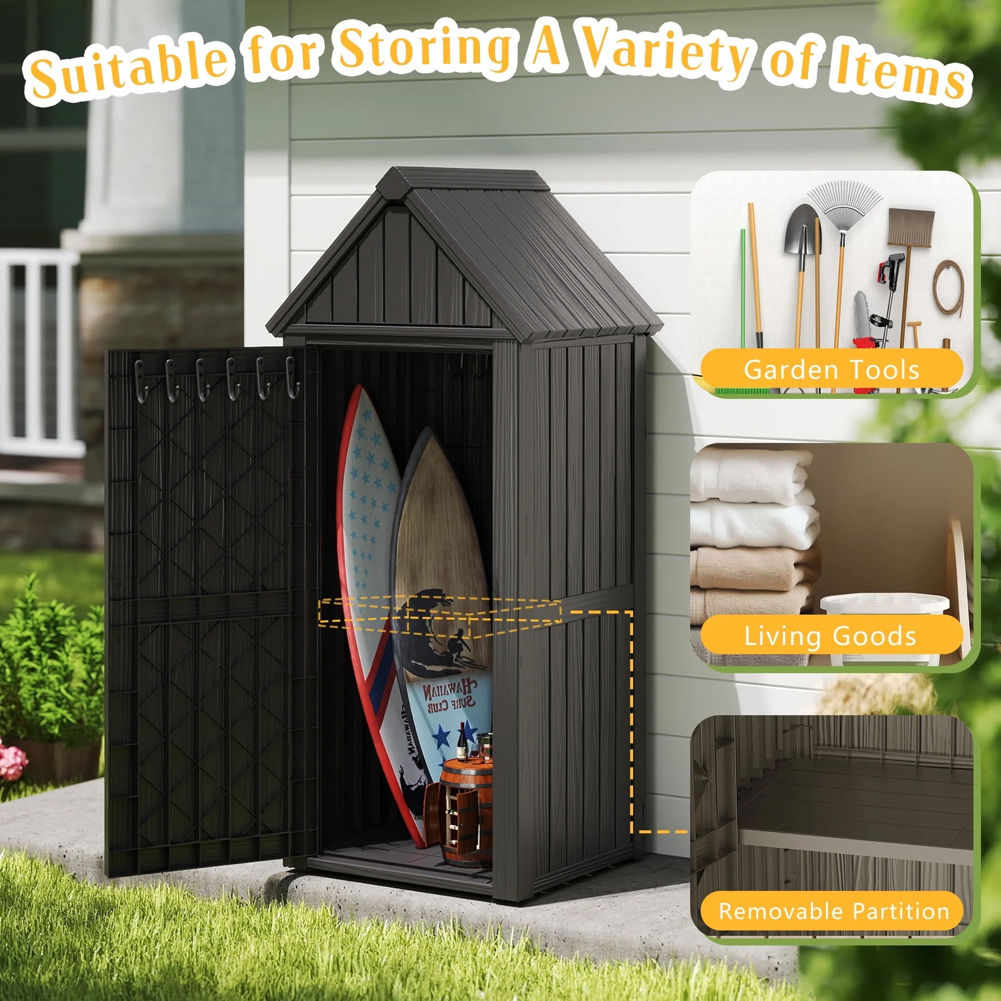 Outdoor Storage Shed, Waterproof Resin Garden Tool Shed, Heavy-Duty Weather-Resistant Cabinet for Patio, Backyard, or Garage