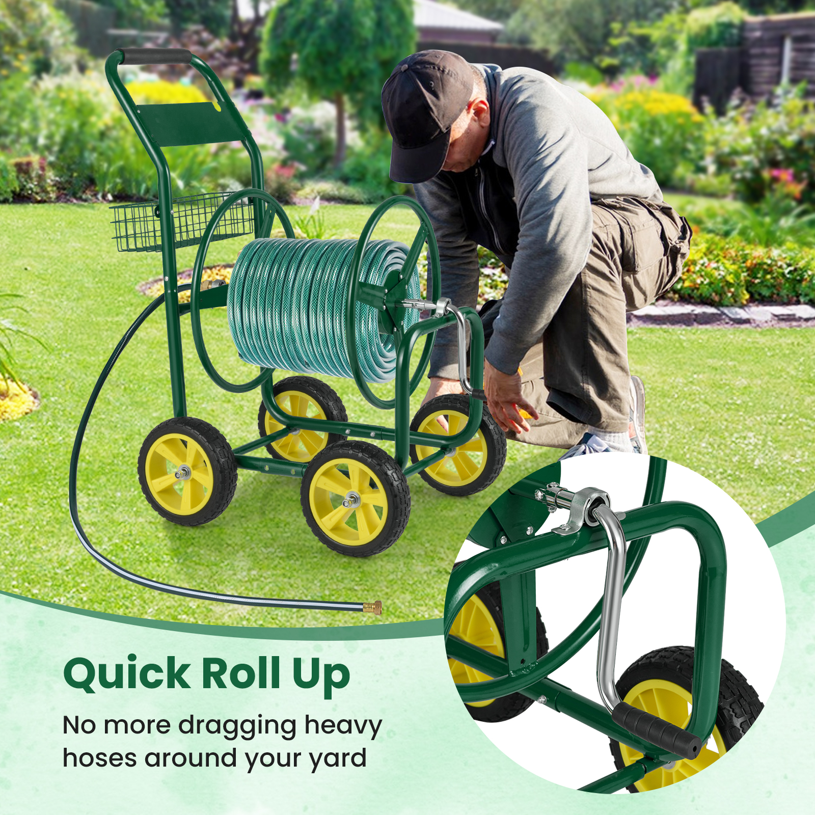 Gymax Garden Hose Reel Cart 300 FT of 5/8'' Large Capacity Heavy-Duty Metal Hose Cart Green