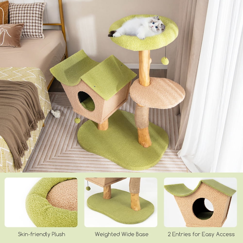 Yardi Yard Cat Tree, 43 Inch Wooden Cat Tree with Padded Top Perch-Green, Cat Tower condo for Indoor Cats