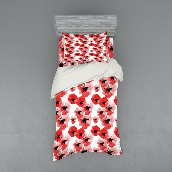 Ambesonne Floral Bedding Set 3 Pcs, Poppies Vibrant Colors, Twin XL, Vermilion Black White