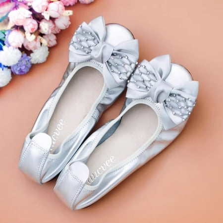 Genuine Leather Dance Ballerina Shoes Women Flat Loafers Shoes Slip-on Bow Metal Decoration Casual Ballet Flat Big Size 43 (silver 35)