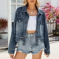 thumbnail image 2 of Women's Pearls Rivet Decor Denim Jacket Casual Loose Short Jean Coat Lapel Button Down Moto Outerwear, 2 of 8