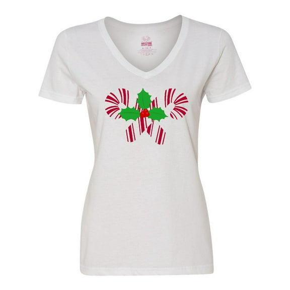 Inktastic Candy Canes and Holly Christmas Women's V-Neck T-Shirt