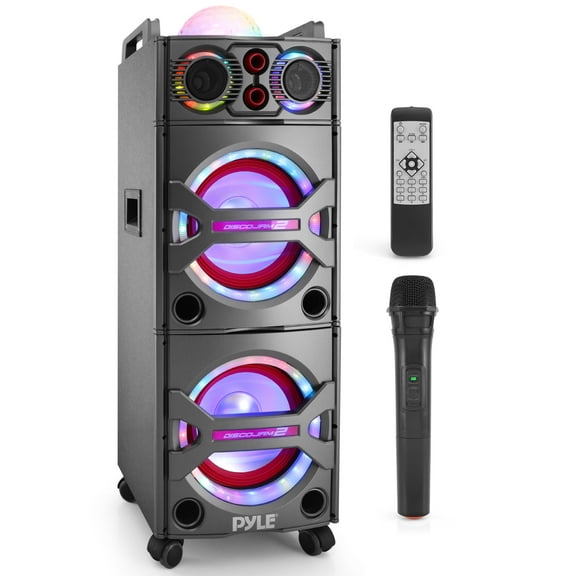 Pyle PSUFM1043BT - Bluetooth PA Loudspeaker Karaoke Entertainment System, Active Powered Speaker, Flashing DJ Party Lights, MP3/USB/SD, FM Radio, Wireless Mic