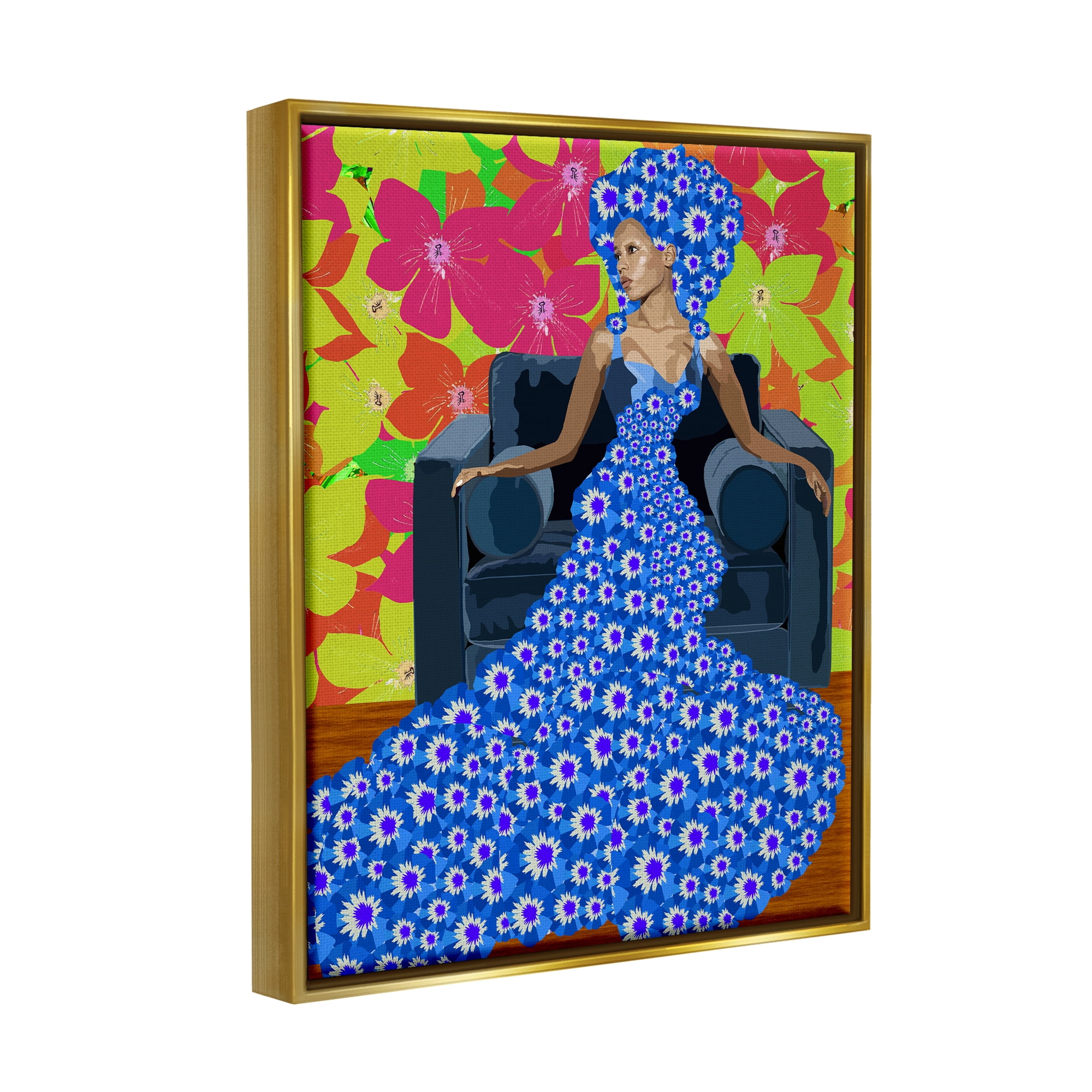 Stupell Industries Woman In Blue Retro Floral Pattern Botanical & Floral Painting Gold Floater Framed Art Print Wall Art