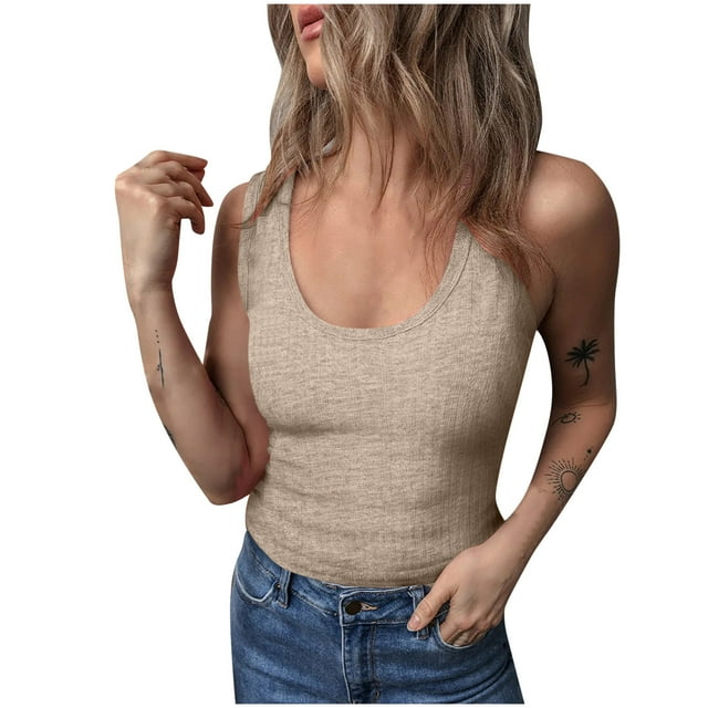 VSSSJ Débardeurs Courts Sans Manches pour Femmes Col Rond Ajusté Doux Été Couleur Unie Basique Beige P