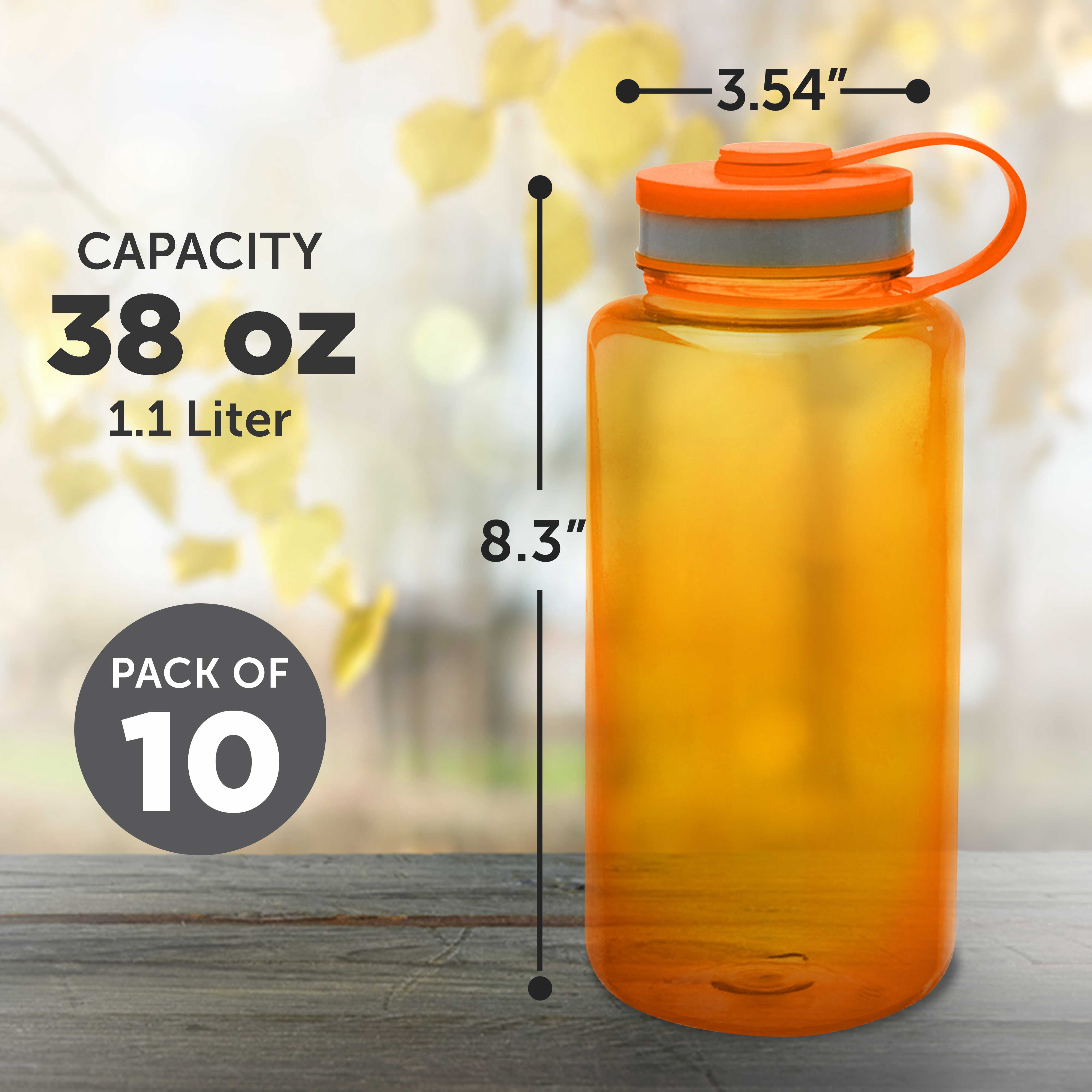 Plastic Sports Water Bottles with Flip Lid 38 oz. Set of 10, Bulk Pack - Great for Gym, Hiking, Cycling, Camping, Backpacking, School - Orange