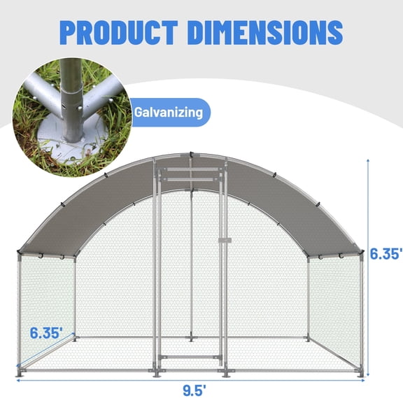 NUGRIART Large Metal Chicken Coop Walk-in Poultry Galvanized Steel Chicken Run with Waterproof Anti-UV Cover for Outdoor(6.35Lx9.5Wx6.35H ft)