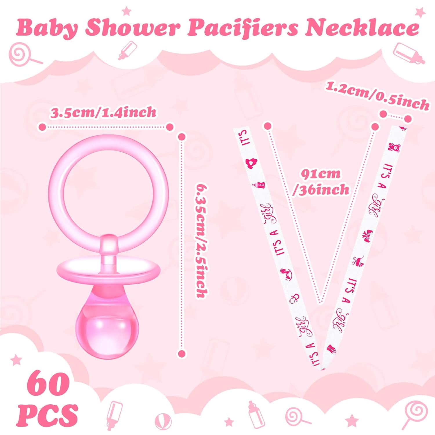 60 Pieces Baby Shower Pacifiers Necklace Acrylic Pacifiers Necklace Charm for Baby Shower Party Favors Decorations, Women Style(Pink, White)