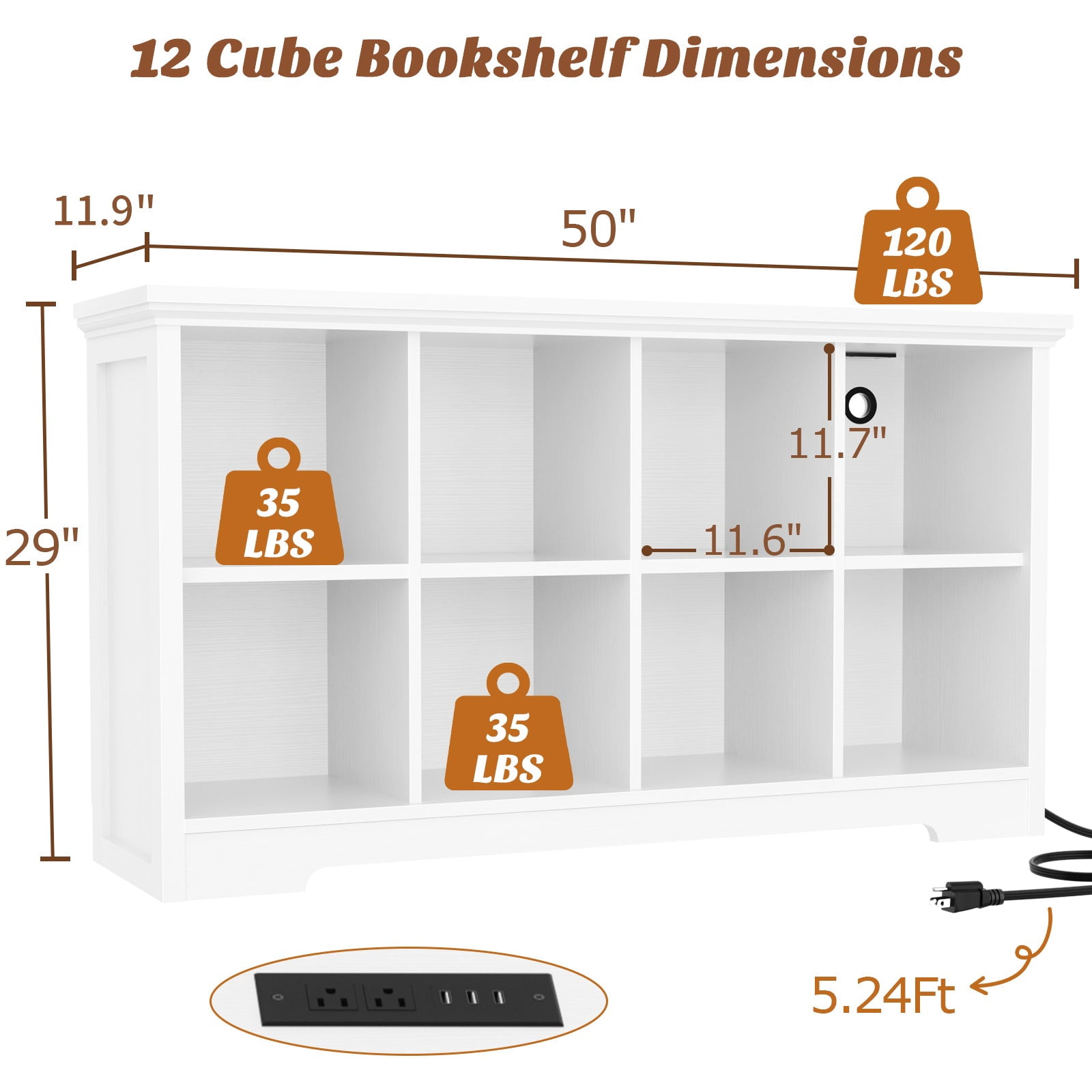 Homieasy 8-Cube Organizer, 50'' Width Cube Bookcase with Power Outlet and 9 Open Storage Shelves for Living Room, Bedroom, White
