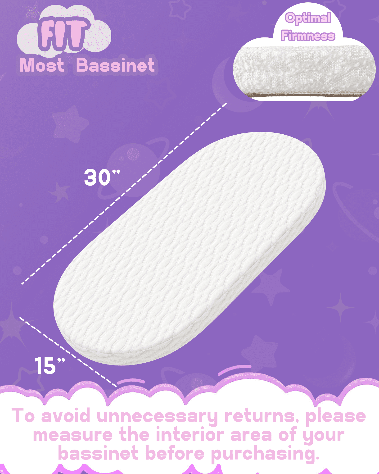 Wellzee Baby Crib Mattress Oval 30"x15", Firm Flat Sleeping Surface, Breathable & Washable Cover, Standard Size Infant Mattress