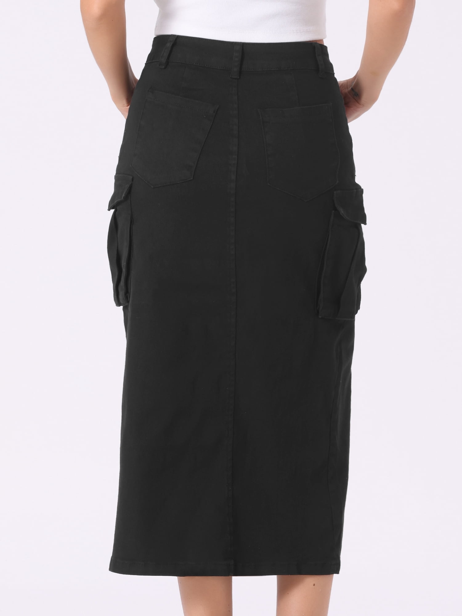 DARING DIVA Women's High Waist Split Hem Midi Denim Cargo Skirt M Black