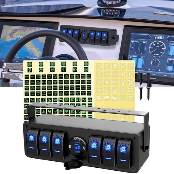 Waywe 6 Gang Rocker Switch Box 12V SPST ON Off QC 3.0 USB Charger Voltmeter Waterproof Aluminum Panel for Boats Cars RVs Trucks
