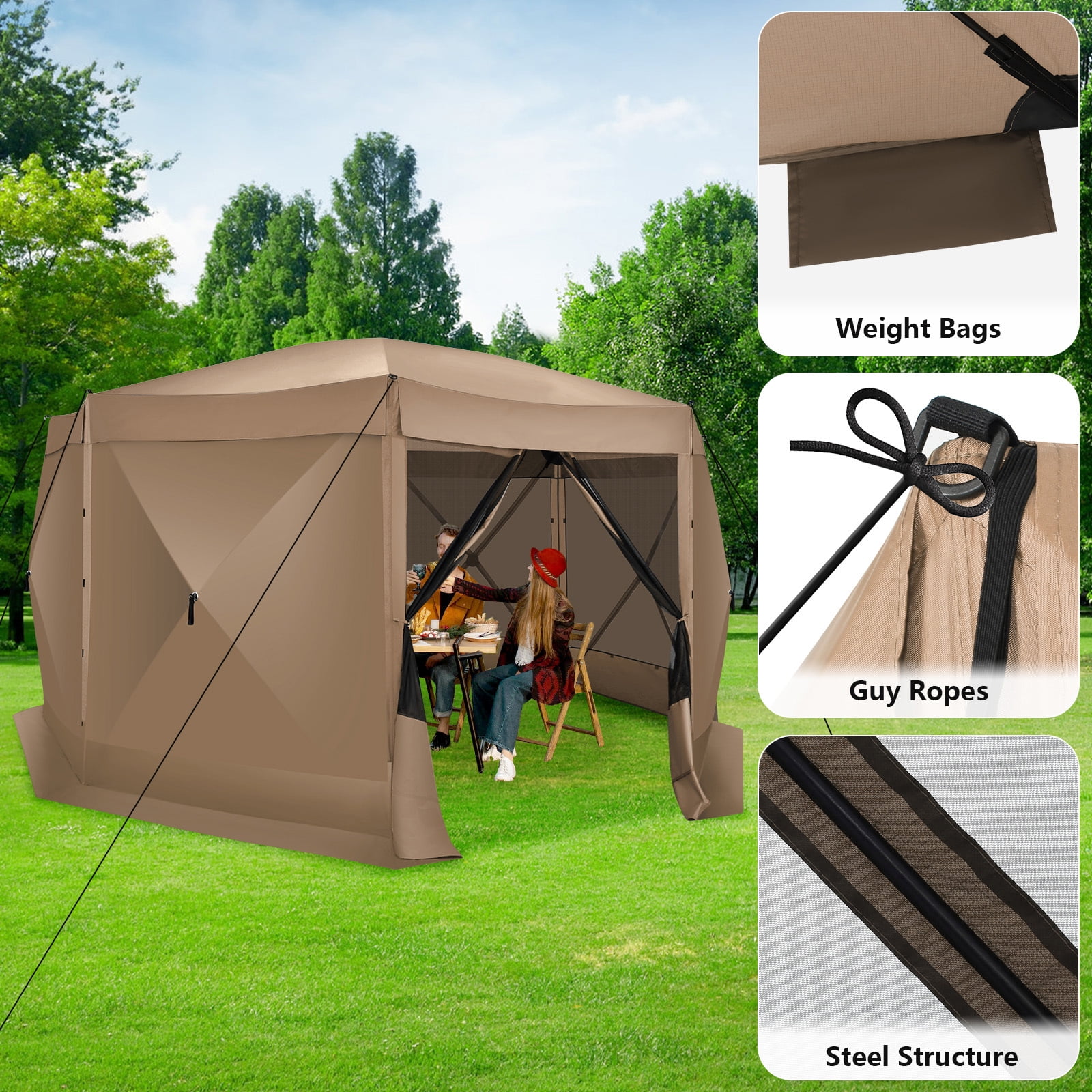 SANOPY 15'x15' Pop up Gazebo 8-Sided Outdoor Screen Gazebo with Netting & Sidewalls Camping Gazebo Instant Shelter Glamping Tent w/ Carrying Bag for Backyard Garden, Khaki