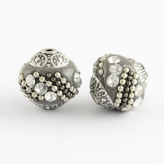 10 pc Handmade Indonesia Beads with Rhinestones and Alloy Cores Round Antique Silver Gray 14~16x14~16mm Hole: 1.5mm