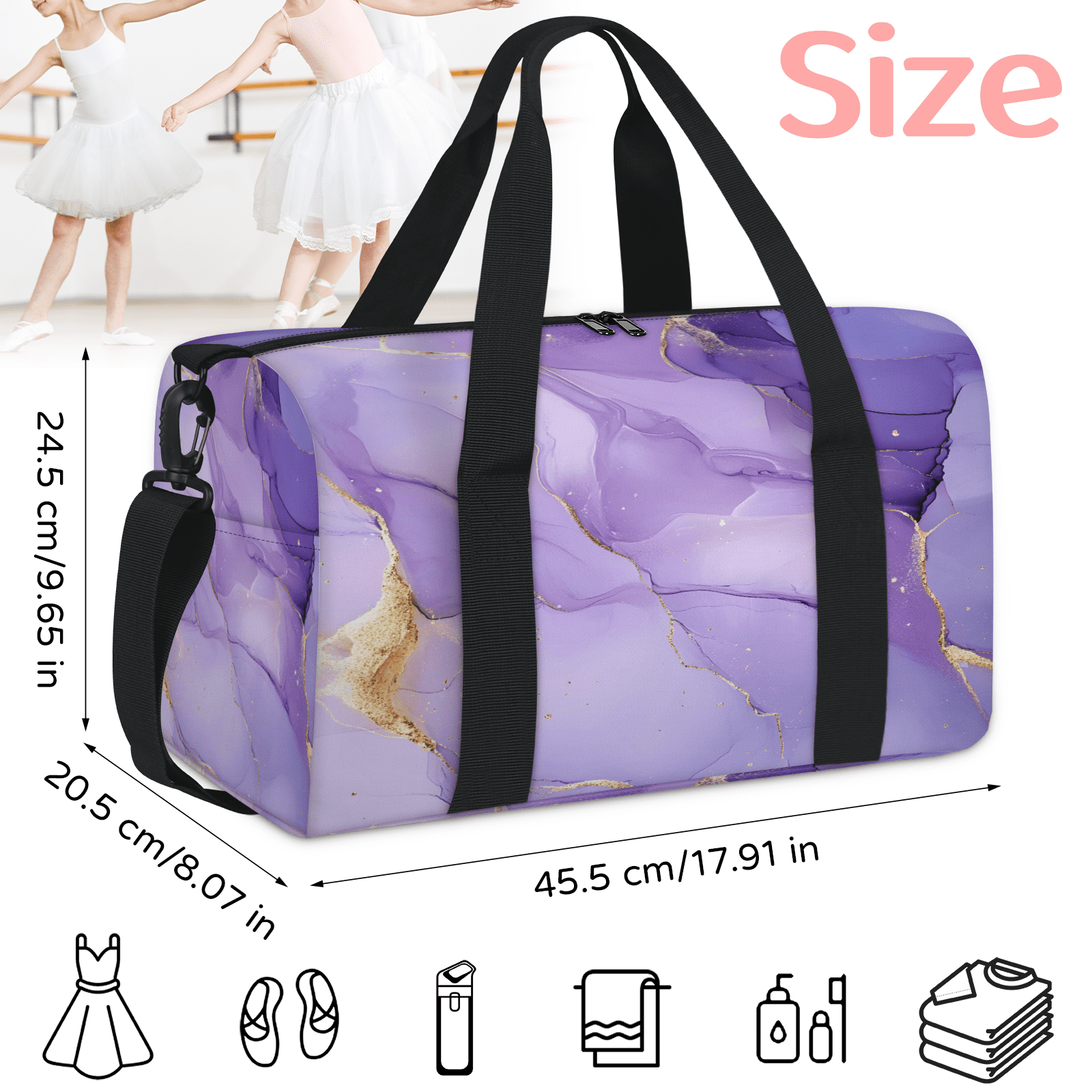 Herdesigns Purple Gym Bag for Women, Marble Duffle Bag for Travel Sport, Lightweight Waterproof Carry on Weekender Overnight Dance Yoga Workout Bags
