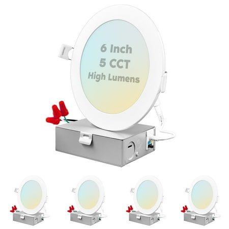 

Luxrite 6 Inch Ultra Thin LED Recessed Light with J-Box 15W 5 Color Selectable 1400 Lumens Dimmable Wet Rated 4-Pack
