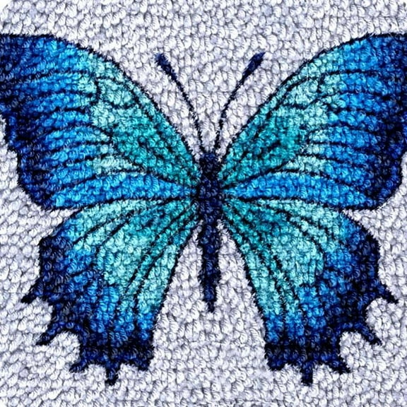Blue Butterfly Framed Latch Hook Rug kits Color Printed Crochet Yarn Needlework DIY Hooking Latch Kit Carpet Embroidery Rug Cover Mat for Christmas Chair Cushion Floor Decoration 17x17in(1)
