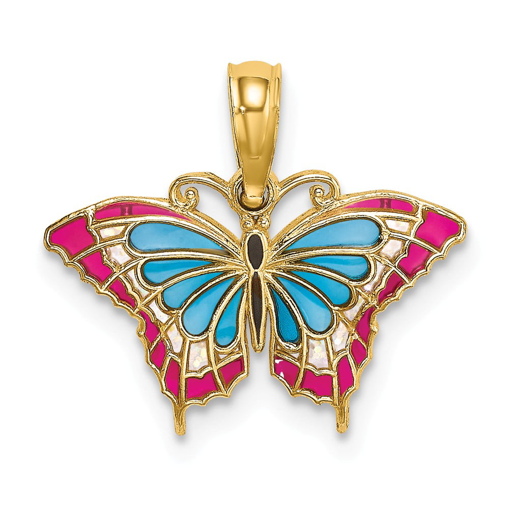 14k Yellow Gold Small Stained Glass Blue Red Butterfly Pendant Charm Necklace Insect Fine Jewelry Gifts For Women For Her 