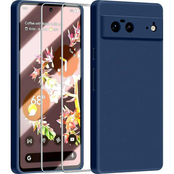 3 in 1 for Google Pixel 6 Case, with 2 Pack Screen Protector, with Full Camera Cover Protection，Liquid Silicone Slim Shockproof Protective Phone Case [Microfiber Lining] (Navy Blue)