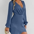 thumbnail image 2 of Oksale Cross V Neck Mini Dresses for Women Trendy Long Sleeve Winter Dress Sexy Cozy Soft Wedding Party Satin Dresses for Holiday Blue L, 2 of 9
