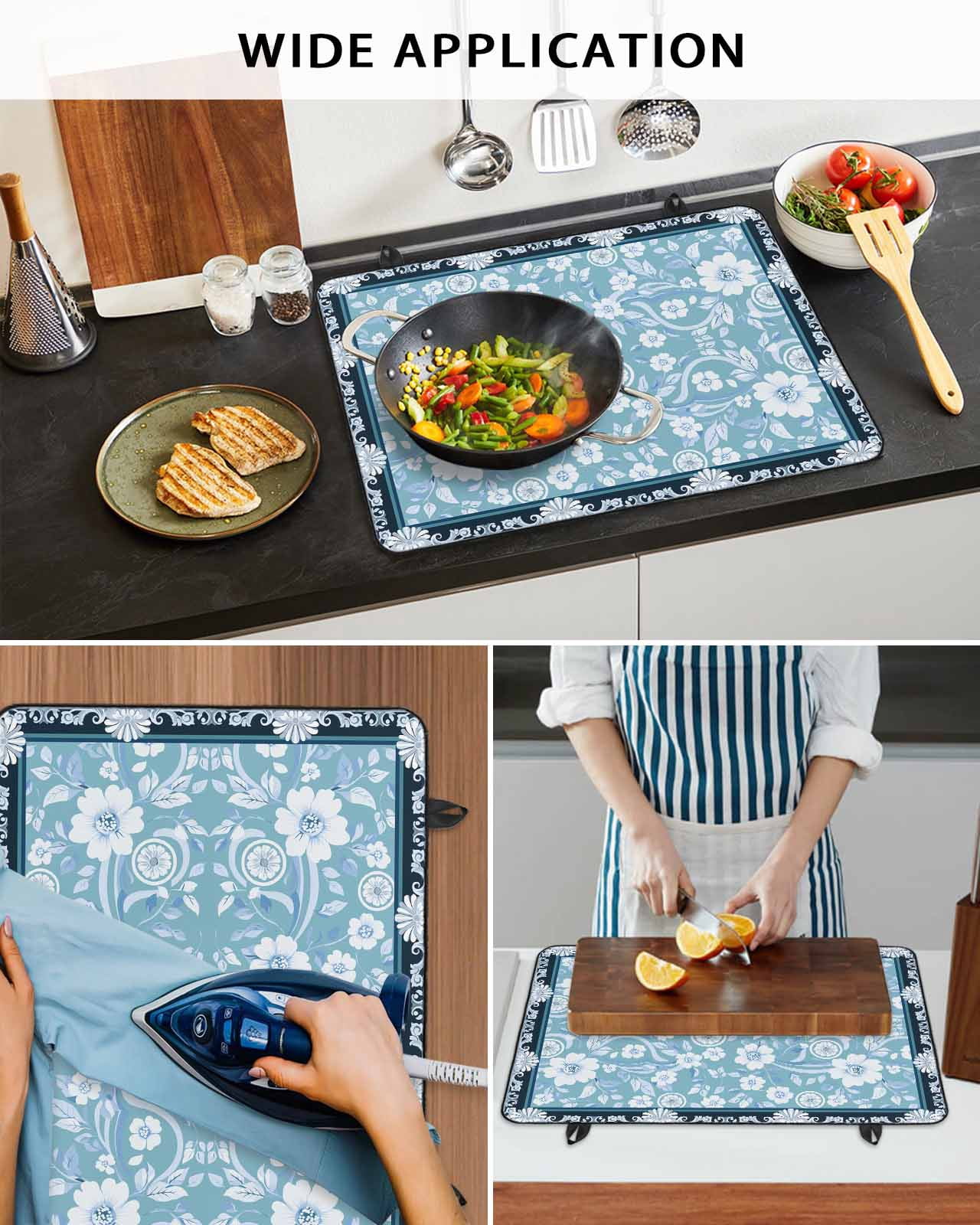 nqOlkjepod Large Induction Cooktop Protector Mat 24"x21", Light Blue White Flowers Stove Top Covers for Electric Stove, Rustic Vintage Botanical Leaves Stove Burner Cover Mats, Glass Top Stove Cover