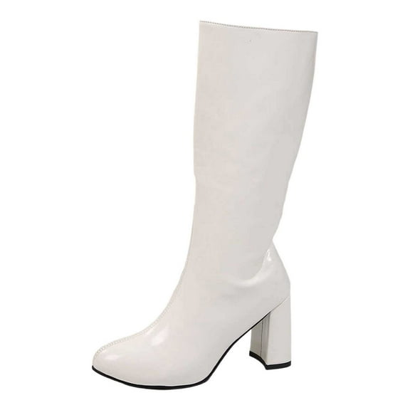 Knee High Boots Women – Slightly Wider Calf Faux Leather Tall Dress Boots, Block Heel & Side Zipper – Classic Comfortable Fashion Fall Winter Boots(Color:White,Size:6)