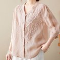 thumbnail image 4 of Lilgiuy Women's Cotton And Linen Retro Shirt Female Summer Thin V-Neck Shirt Loose Cardigan Top for Leggings Modern Fit, 4 of 4