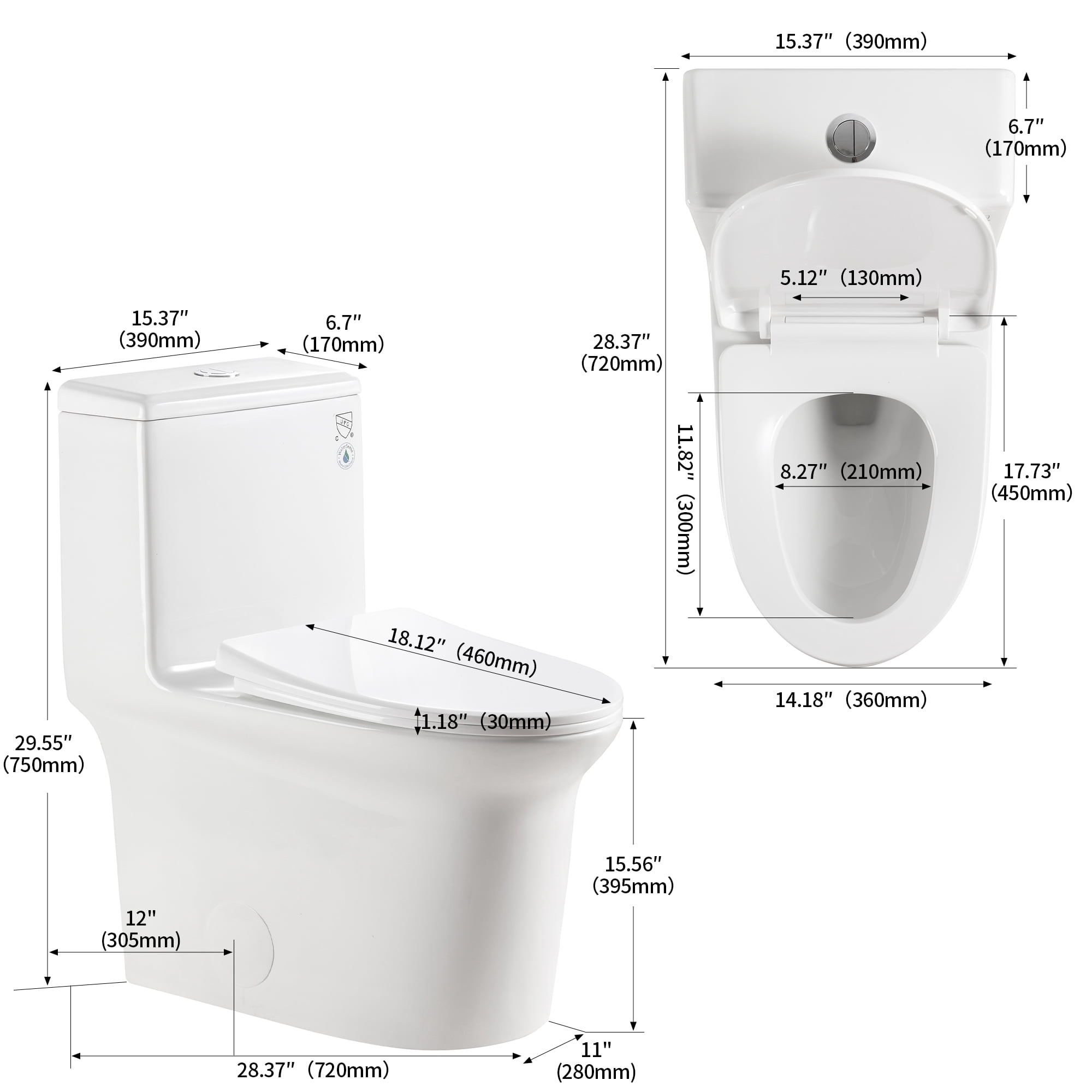 Alvantor One-Piece Toilet 15.5"Height Ceramic Elongated Floor Mounted 1.1/1.6 GPF Toilet White