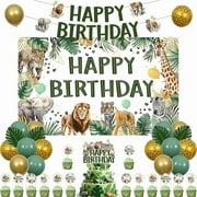 Jungle Animal Birthday Decor Green 5.91 * 3.61ft Jungle Animal Happy Birthday Backdrop Banner Tropical Safari Themed Cake Toppers Artificial Palm Leaf Supplies for Zoo Theme Wild 1st 2nd
