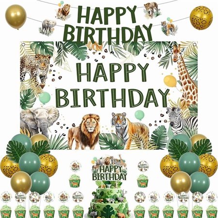 Jungle Animal Birthday Decor Green 5.91 * 3.61ft Jungle Animal Happy Birthday Backdrop Banner Tropical Safari Themed Cake Toppers Artificial Palm Leaf Supplies for Zoo Theme Wild 1st 2nd
