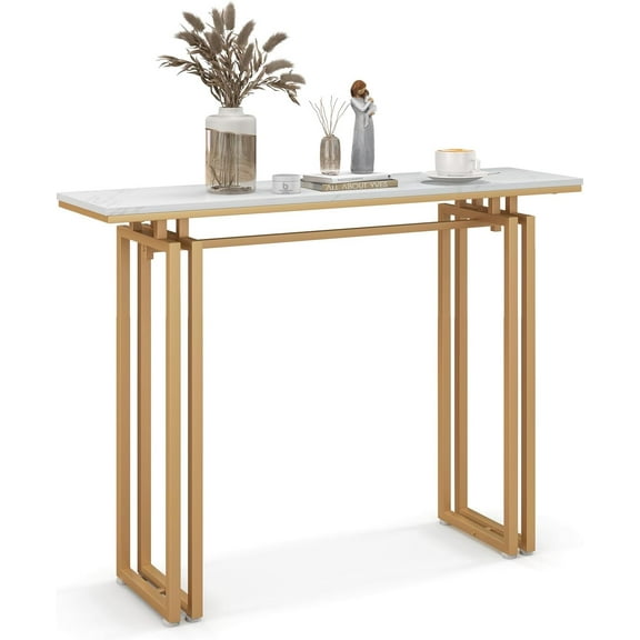 WYDK Console Table for Entryway, 110CM Long Sofa Table with Faux Marble Tabletop, Gold Metal Frame, Narrow Accent Table for Living Room, Hallway, Entryway