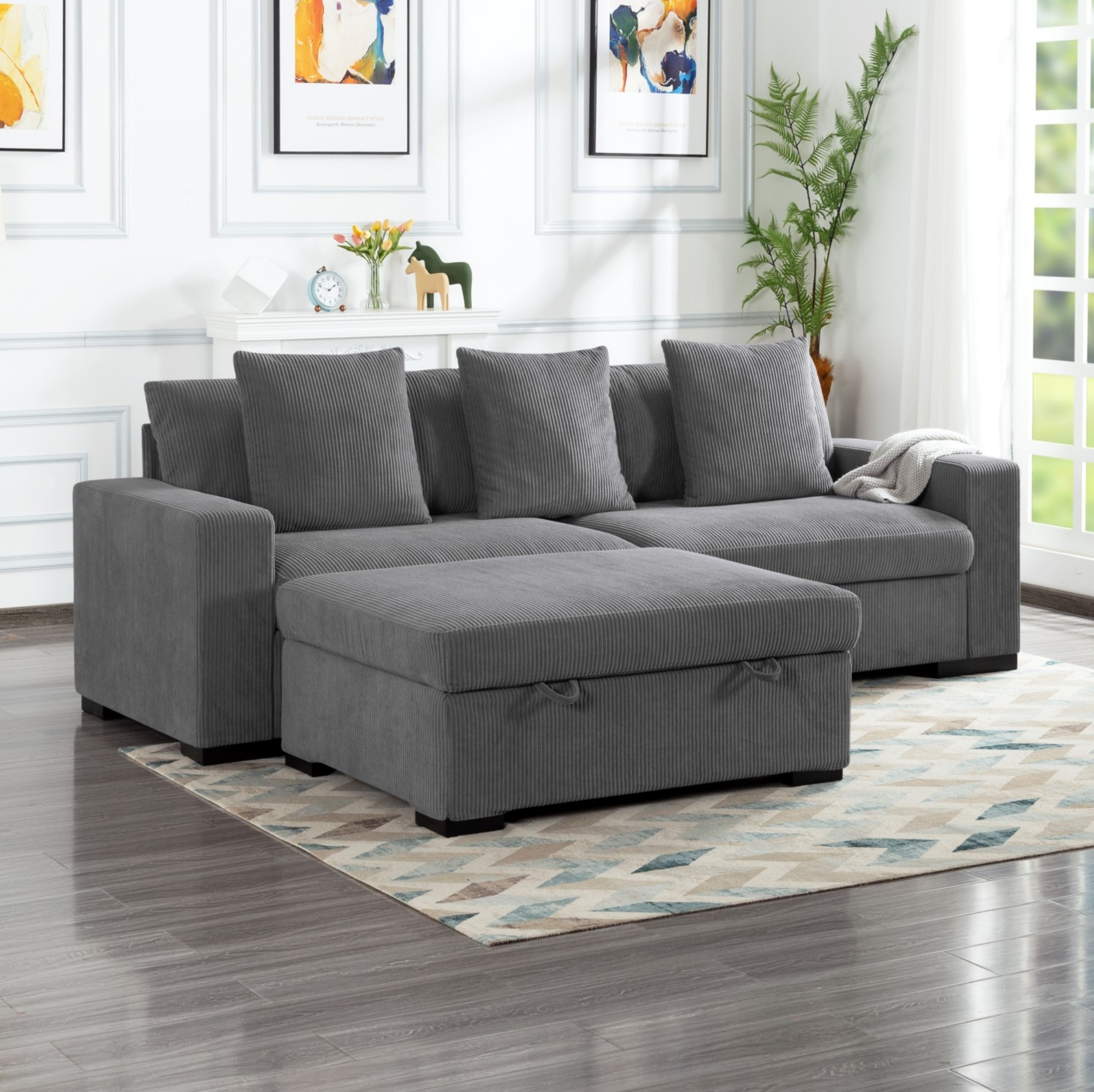 Gewnee 103.5-Inch Modular Corduroy Sofa Set with Solid Wood Legs, High-Density Foam, Suitable for Living Room/Bedroom/Office
