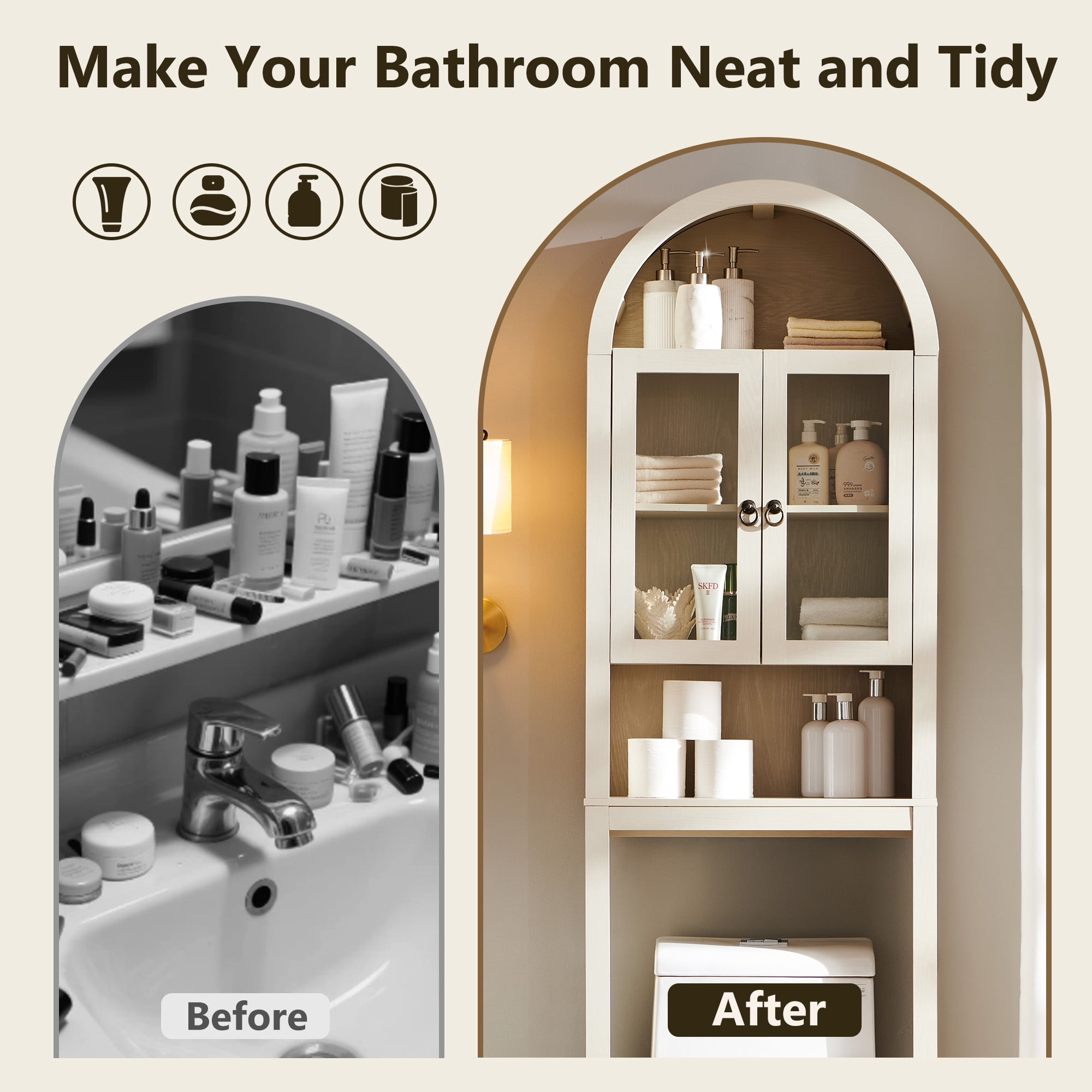 SinCiDo Arched Over The Toilet Storage Cabinet, Modern Bathroom Shelf Over Toilet with Acrylic Doors, Wooden Bathroom Space Saver Organizer above Toilet with Adjustable Shelf
