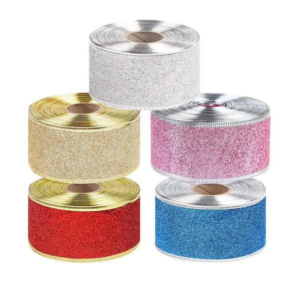 Qocolhg Décorations de Noël Extérieures, 5 Rouleaux de Ruban de Noël 32,8 Pieds 2 Pouces Rubans Pailletés pour Emballage Cadeau avec Bords Filaires pour Bricolage Totalement Rouge Argent Rose Bleu Costumes