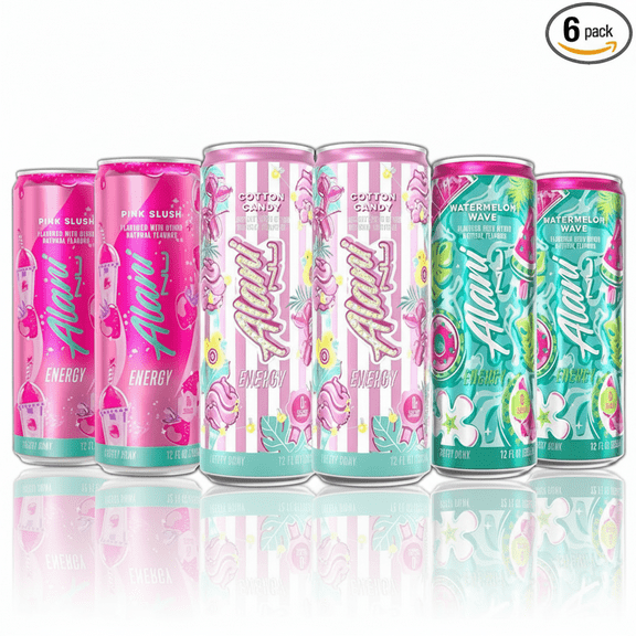 New Alani Energy Drinks Cotton Candy, Watermelon Wave, Pink Slush Flavors Variety Pack Sugar-Free, Low-Calorie, 200mg Caffeine, Energy Boost Drink 12 fl oz (Pack of 6)
