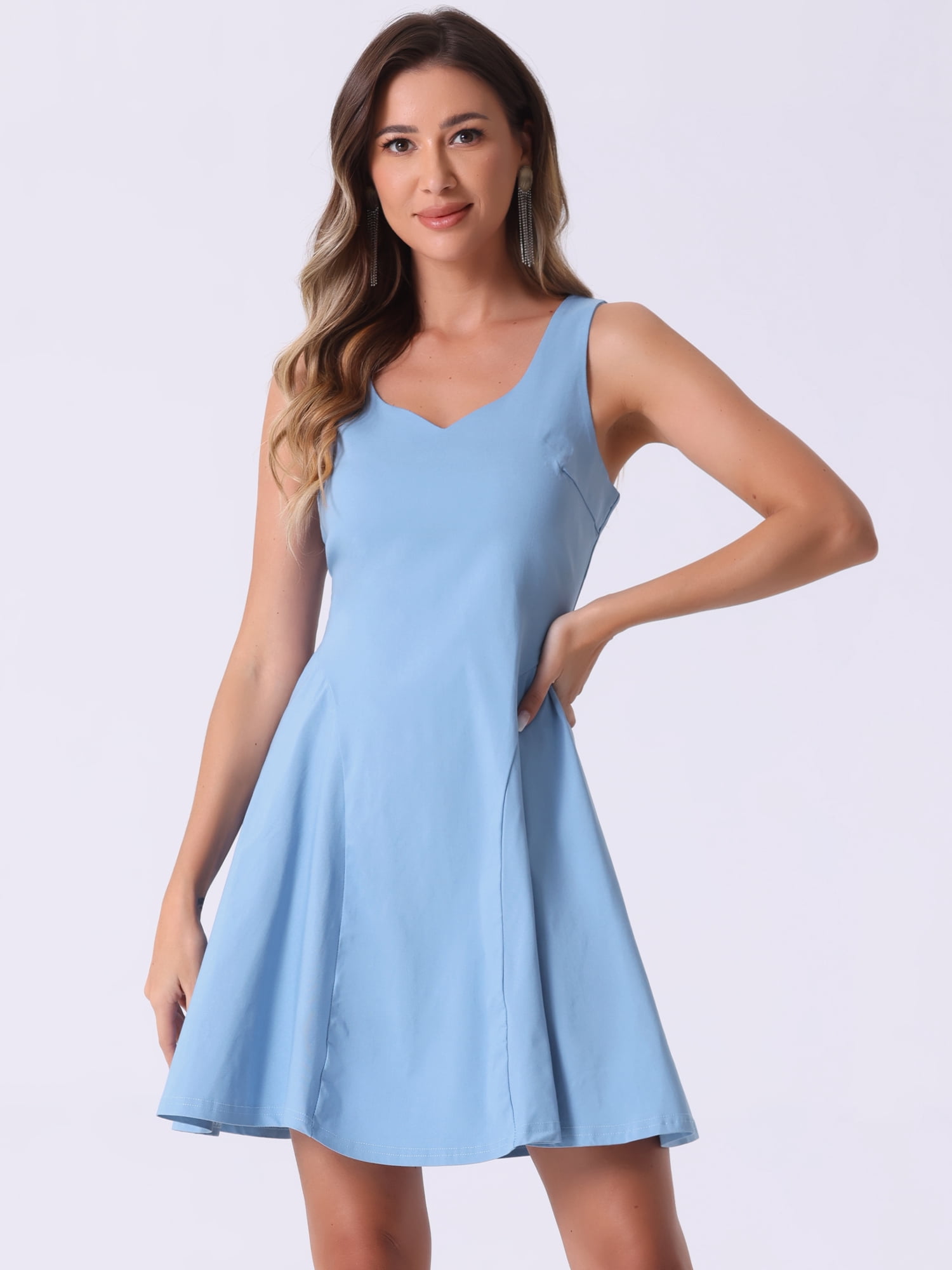 DARING DIVA Women's Sleeveless Sweetheart Neck Flared Swing Mini Dresses L Blue