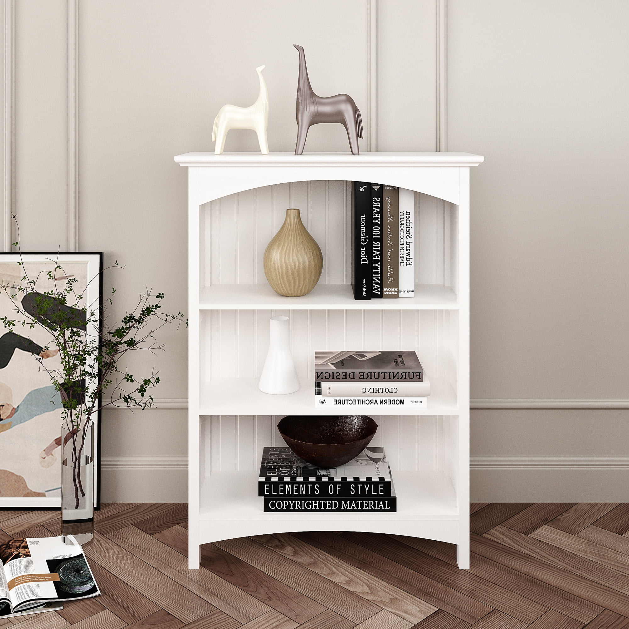 eHemco 3 Tier Storage Shelf Bookcase with 2 Arched Supports, 40 Inches Height, White