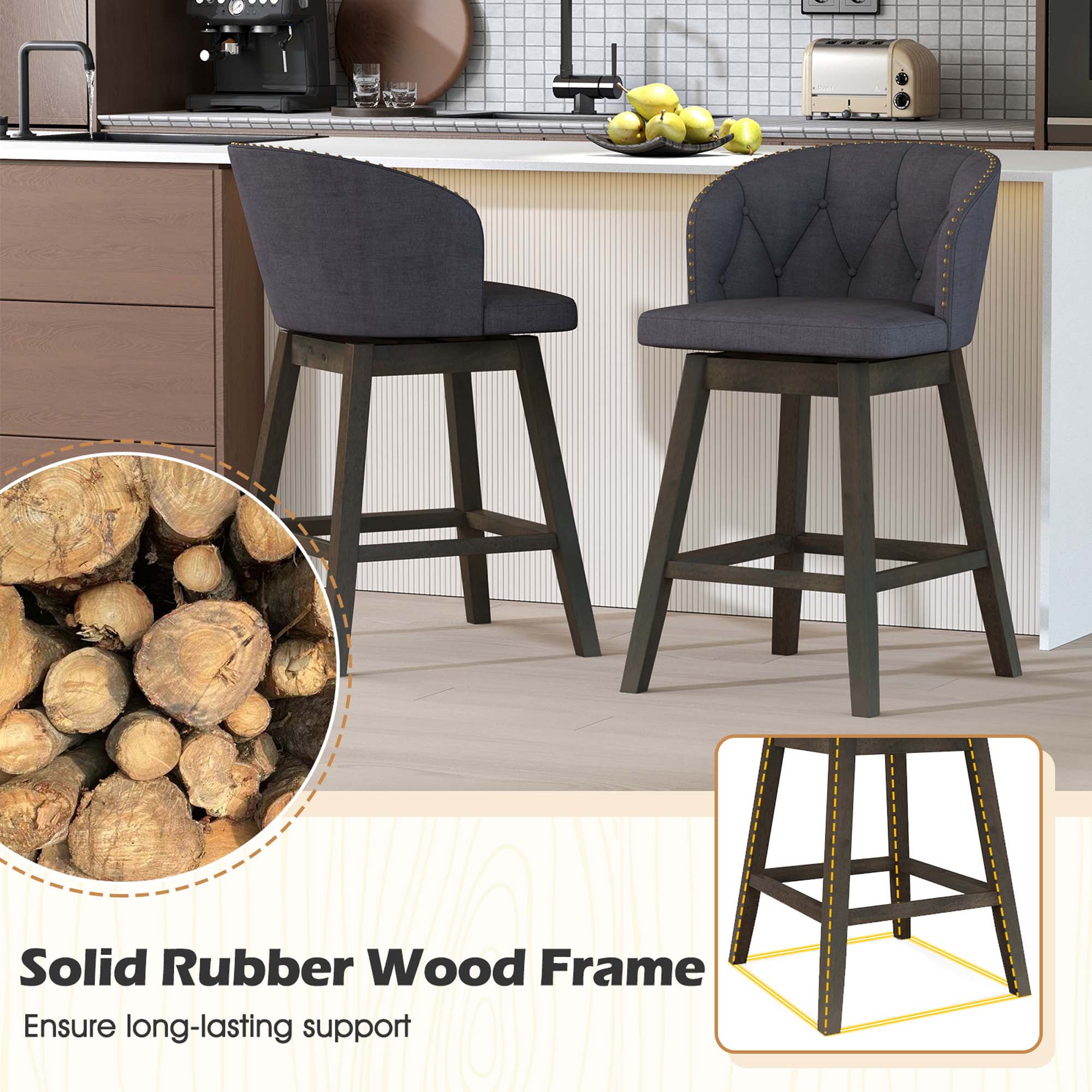 Costway 4 PCS Counter Height Bar Stools Fabric Upholstered Island Stools with 360° Swivel Seat Gray