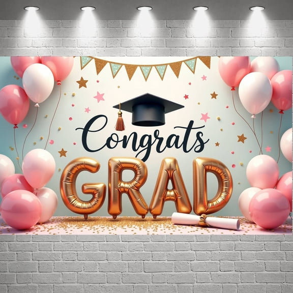 Gold Theme Graduation Banner Pink White Balloons Grad Party Backdrop Star Decor Graduation Cap Design Graduation Background for Graduation Party College Graduation Photo Shoot