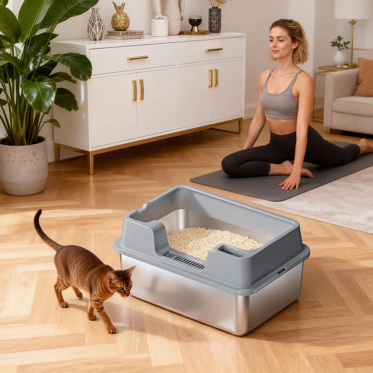Ataucjin Extra Large Enclosed Stainless Steel Cat Litter Box, Metal Litter Pan for Big Cats, High Wall Sides & Non-Stick Bottom, Anti-Leakage & Odor-Resistant, Easy to Clean for All Cats