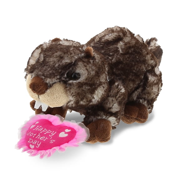 DolliBu Happy Mother's Day Super Soft Lying Marmot Plush Figure - Cute Stuffed Animal with Pink Heart Message for Best Mommy, Grandma, Wife, Daughter - Cute Wild Life Plush Toy Gift - 11" Inches
