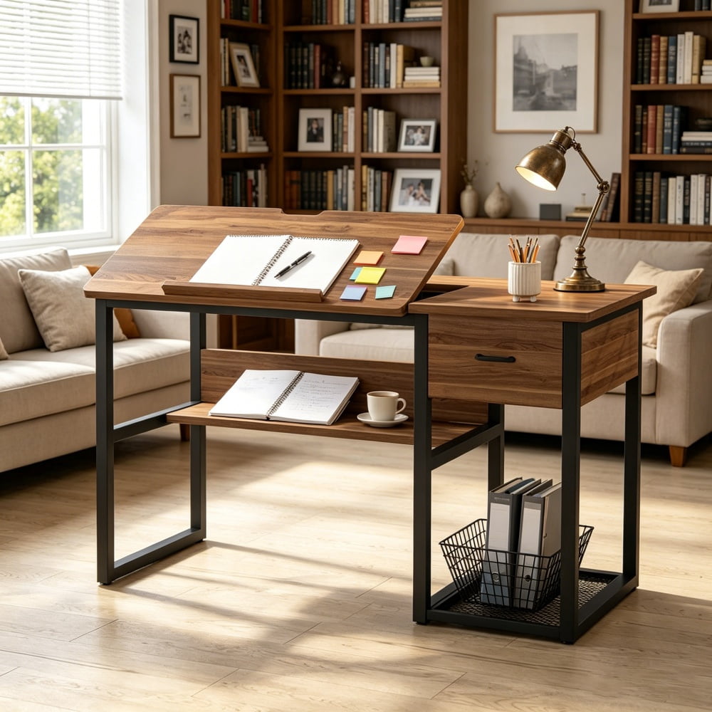 Adjustable Drafting Table with Drawer & Shelves, Tilting Desktop Art Craft Desk, Metal Frame Particle Board Workstation 250 lbs Capacity for Home Office