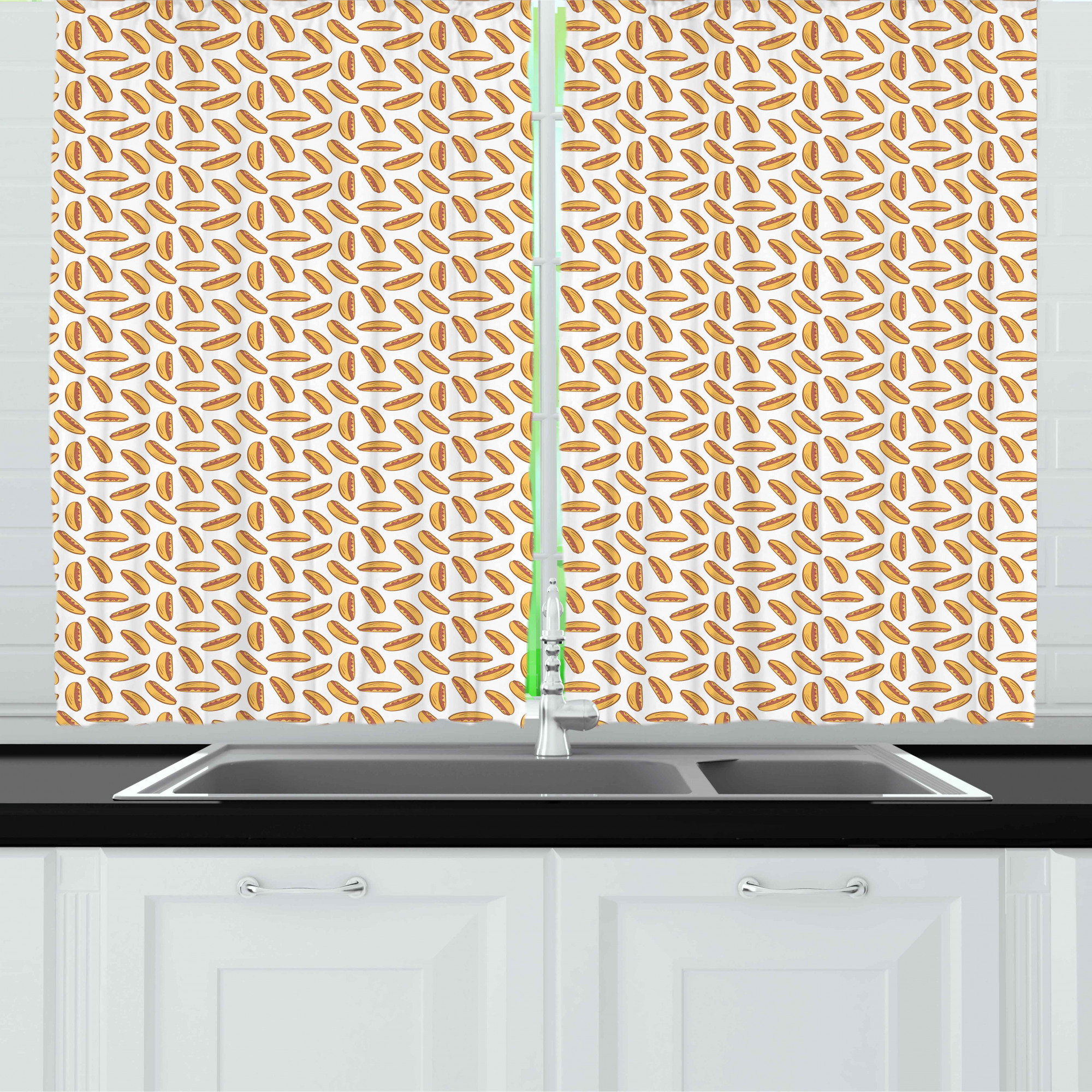 Mustard Kitchen Curtains, Fast Food Themed Cartoon Sauced Frankfurter