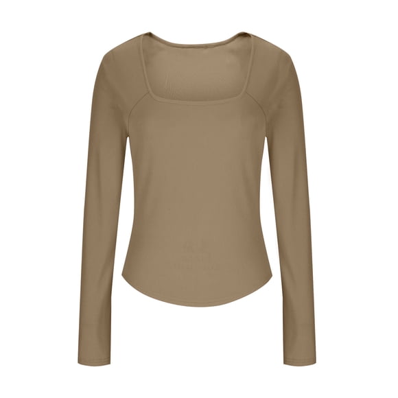 ZMFXJPE Trending Fashion 70S Outfits for Women Womens Basic Long Sleeve Cropped Tops Dressy Tops Casual Work Tops for Women(Khaki,L)